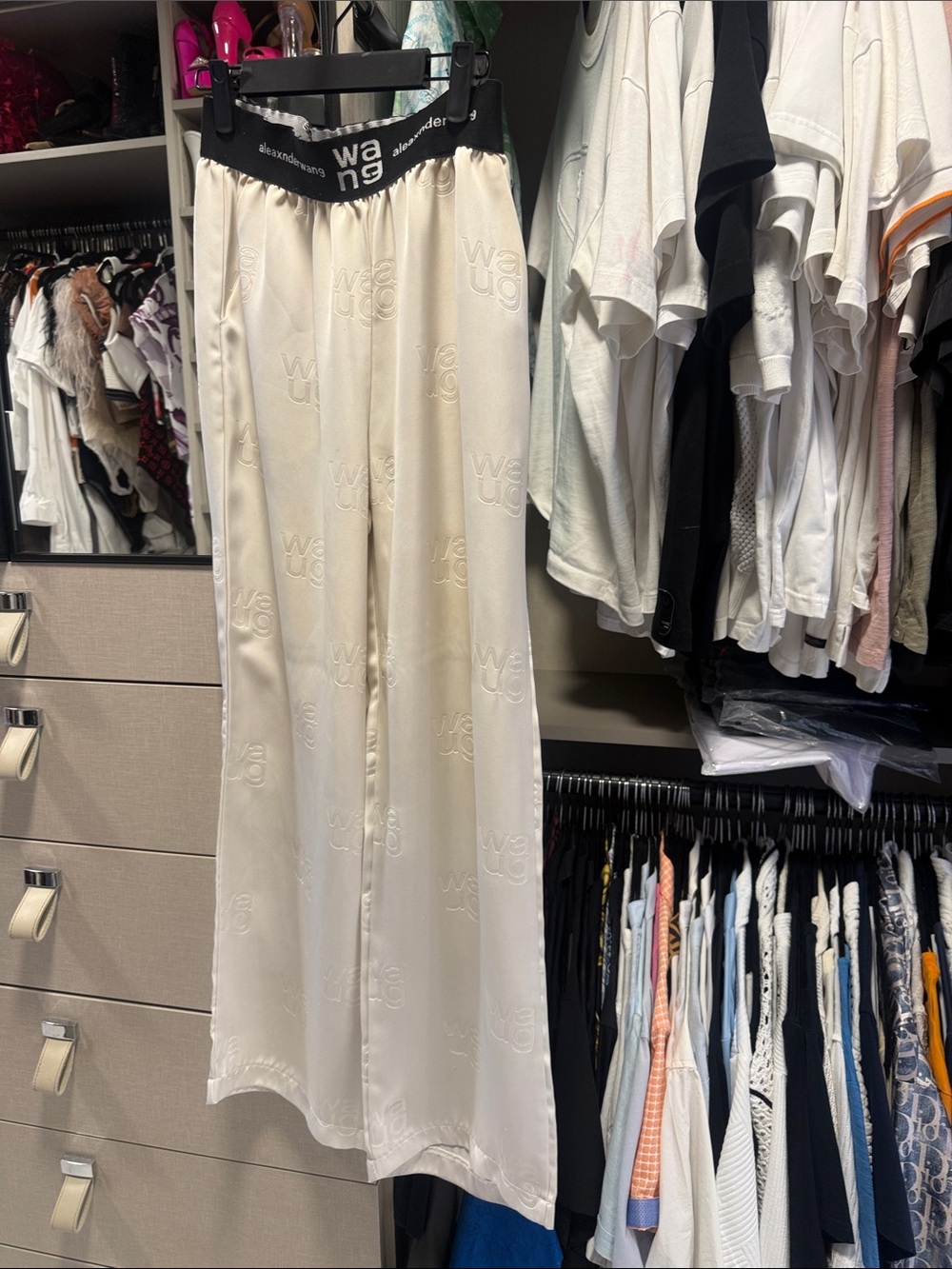 Cream Satin Wide-Leg Pants with Black Branded Waistband